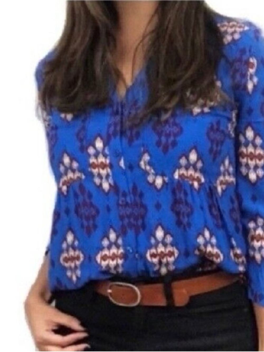 Maeve Royal Blue Printed V-Neck Peasant Blouse